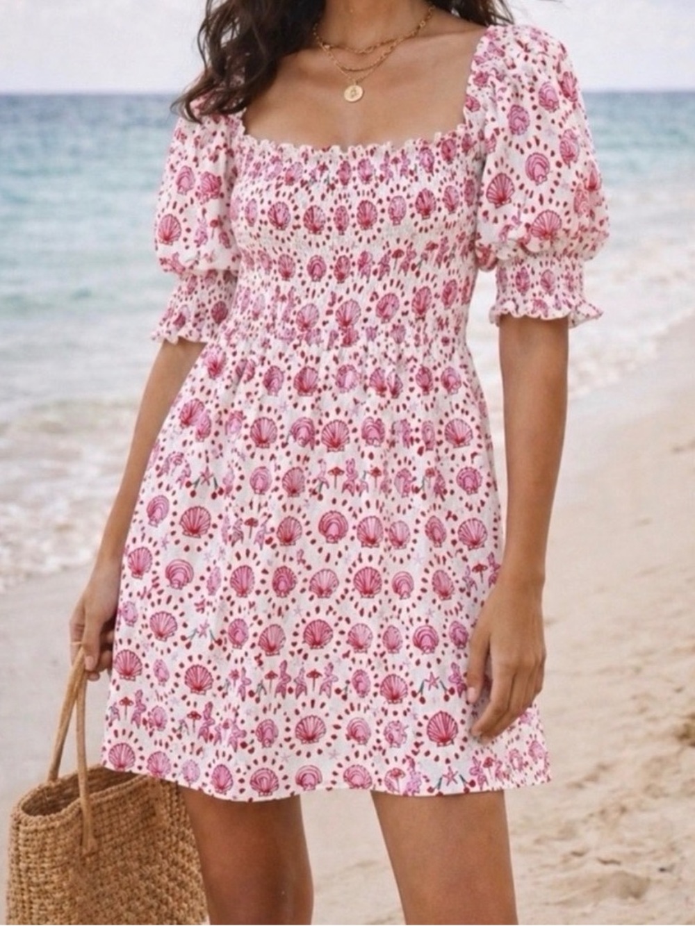 Hill House Pink Shell-Print Smocked Square-Neck Mini Dress